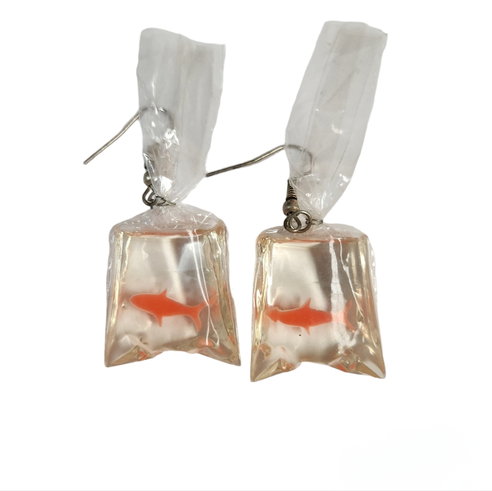 Goldfish In A Bag Drop Dangle Earrings Fish Fun Novelty Orange Silver Tone 2"